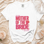 White t-shirt with "Proud Member Mother of the Bride" text and floral graphic.