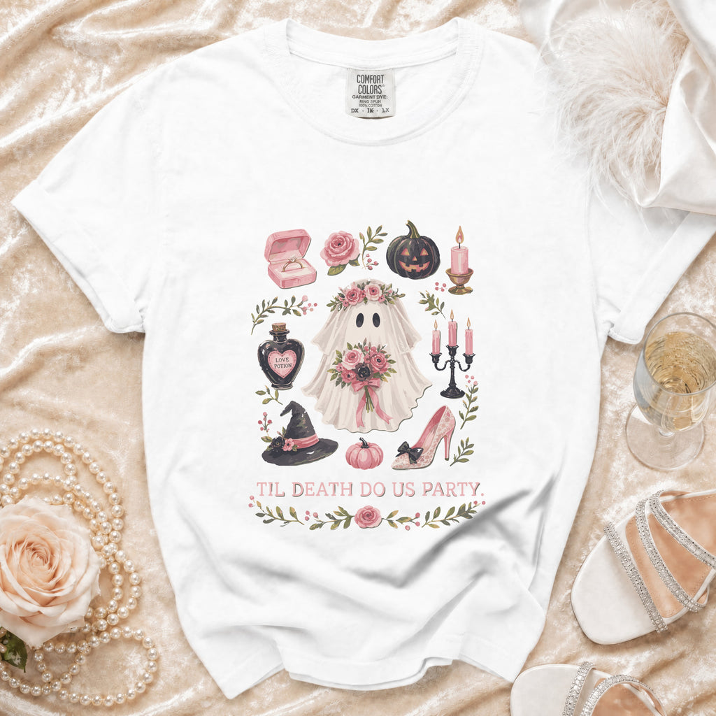 White t-shirt with Halloween-themed ghost graphic and "Til Death Do Us Party" text.