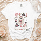 White t-shirt with Halloween-themed ghost graphic and "Til Death Do Us Party" text.