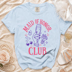 Light blue t-shirt with "MAID OF HONOR CLUB" graphic and wedding-themed icons.