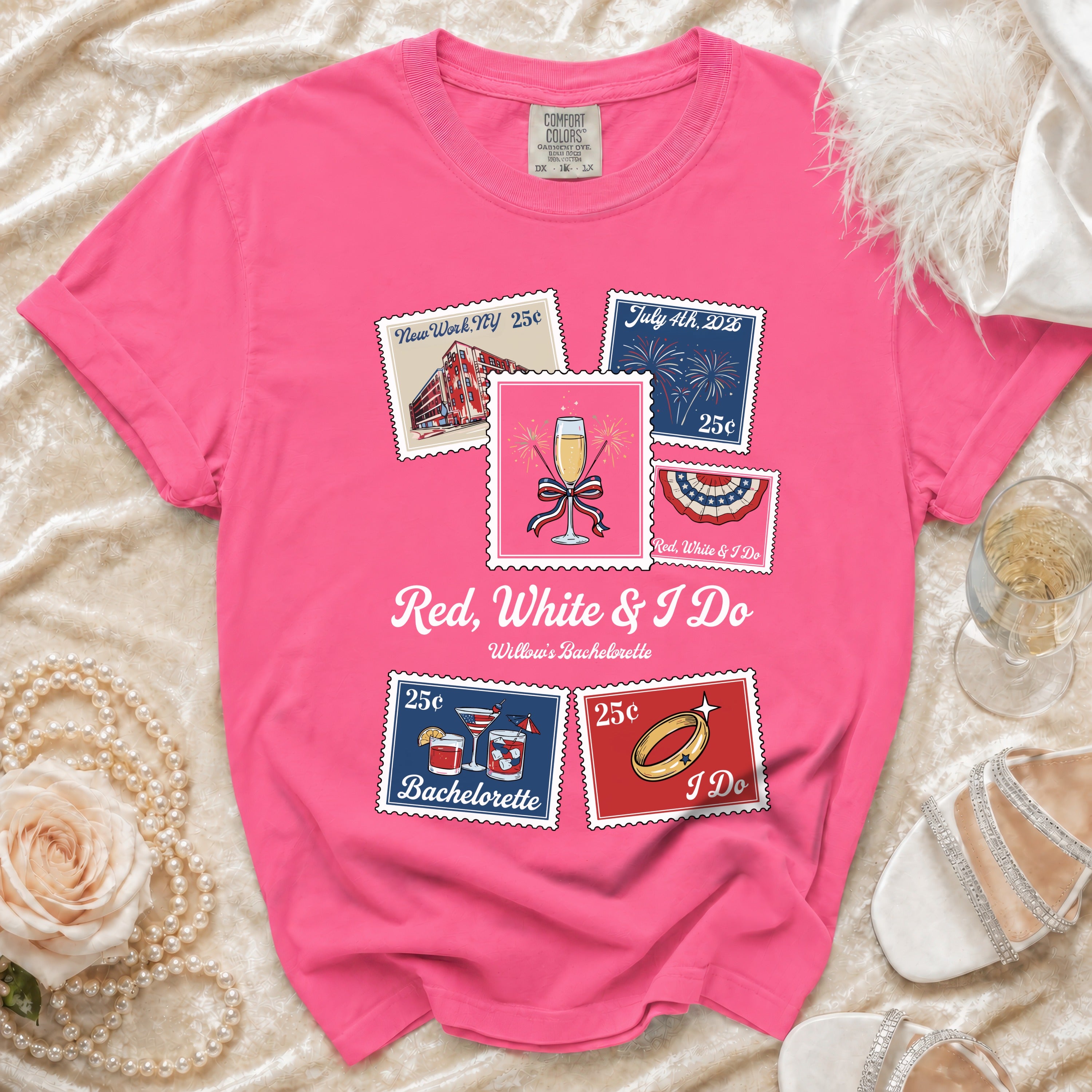 Pink t-shirt with "Red, White & I Do Willow's Bachelorette" text and postage stamp graphics.