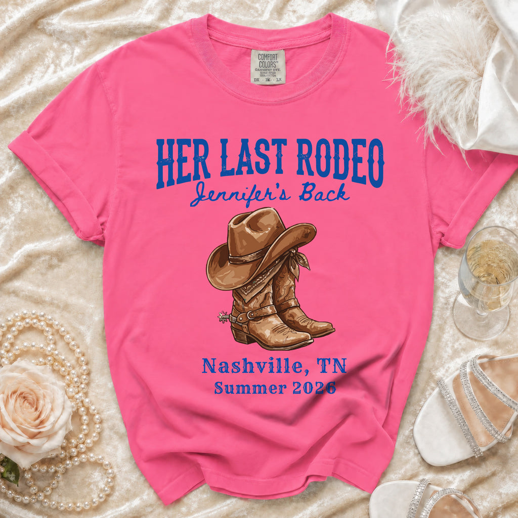 Pink t-shirt with "Her Last Rodeo" and cowboy boots graphic.