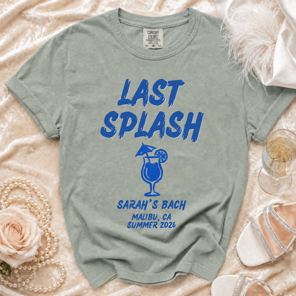 Comfort Colors t-shirt with "Last Splash" and "Sarah's Bach" in blue text.