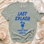 Comfort Colors t-shirt with "Last Splash" and "Sarah's Bach" in blue text.