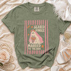 Green t-shirt with "Scared Single Married To The Boo" ghost bride graphic.