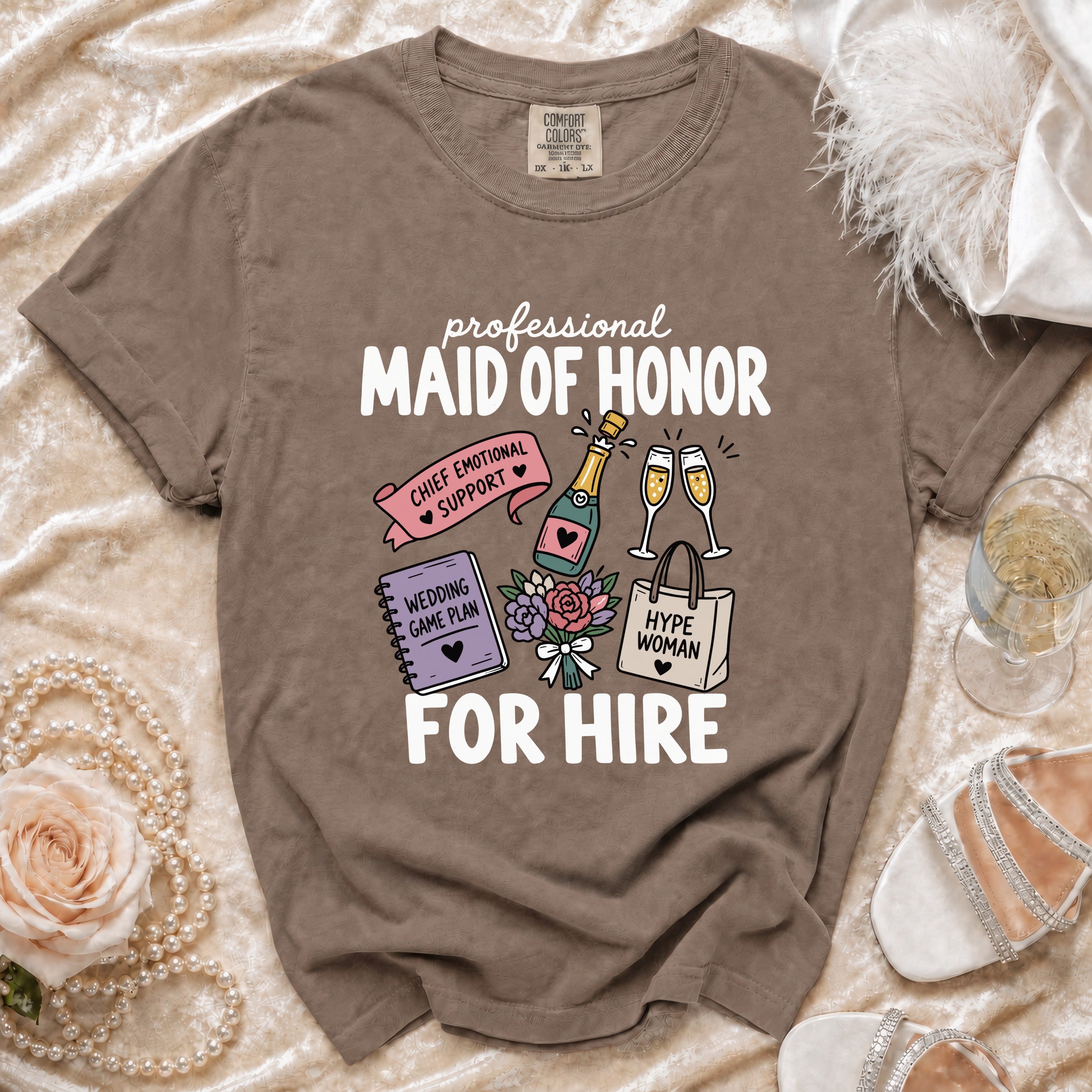 Professional Maid of Honor for Hire graphic with wedding planner and champagne.