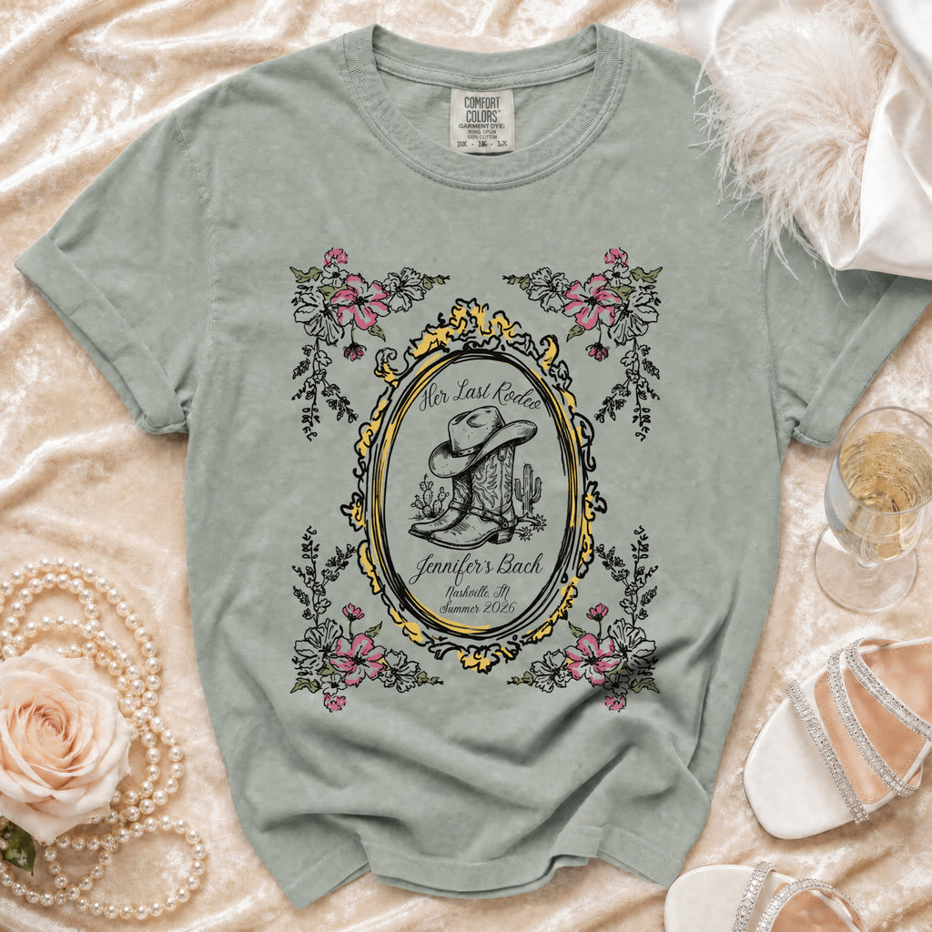 T-shirt with "Her Last Rodeo" and boot/hat graphic for Jennifer's Bach Nashville Summer 2026.