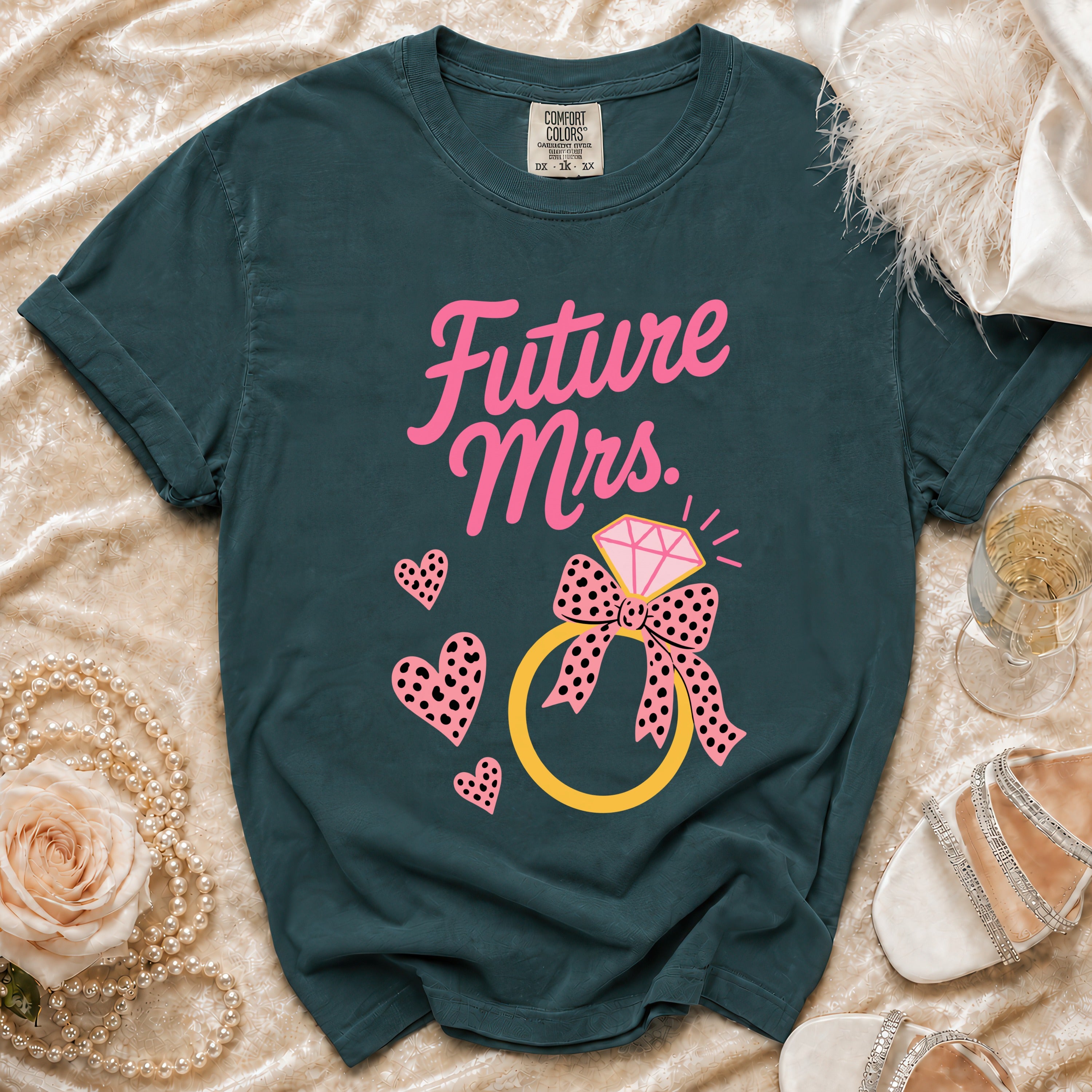 Teal t-shirt with "Future Mrs." text, diamond ring, and hearts.