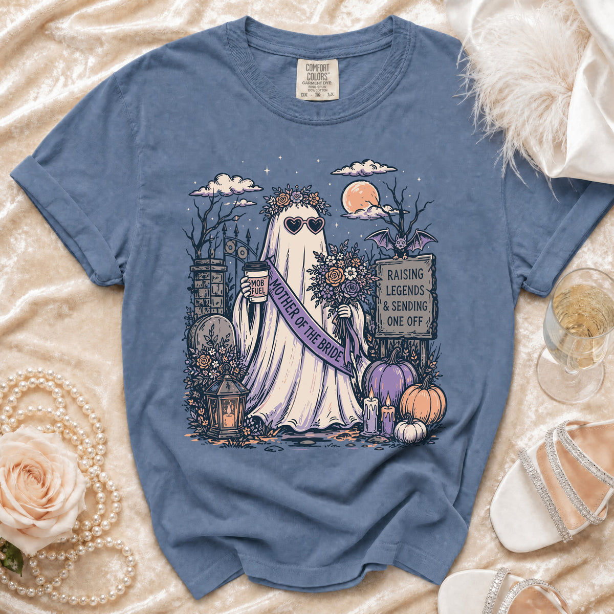 Ghost graphic t-shirt with "Mother of the Bride" sash and "Mob Fuel" coffee cup.