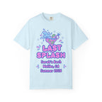Light blue t-shirt with "Last Splash Sarah's Bach Malibu, CA Summer 2026" text.