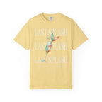 Yellow t-shirt with "Last Splash" design, a champagne glass with a mermaid tail, and "Sarah's Bach Malibu, CA Summer 2026".