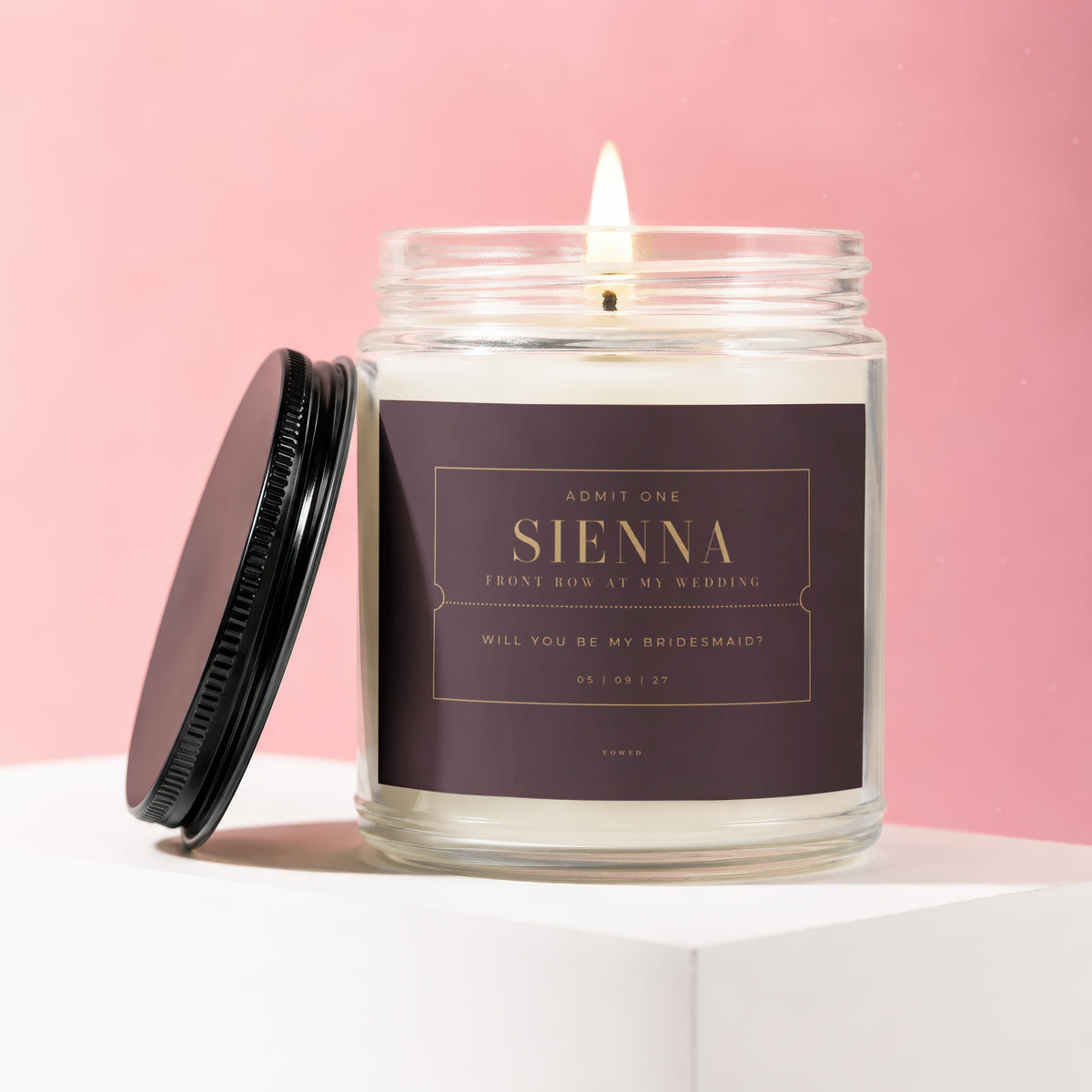 Glass jar candle labeled "Sienna" asking "Will you be my bridesmaid?"
