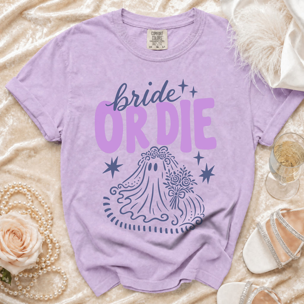 Lavender t-shirt with "bride OR DIE" text and ghost bride graphic.