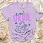 Lavender t-shirt with "bride OR DIE" text and ghost bride graphic.