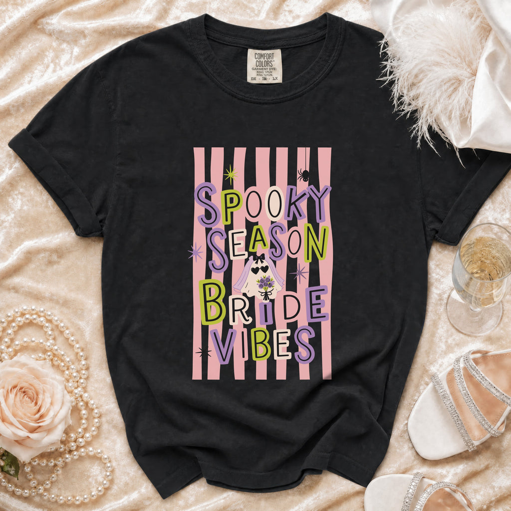 Black t-shirt with "Spooky Season Bride Vibes" text and ghost graphic.