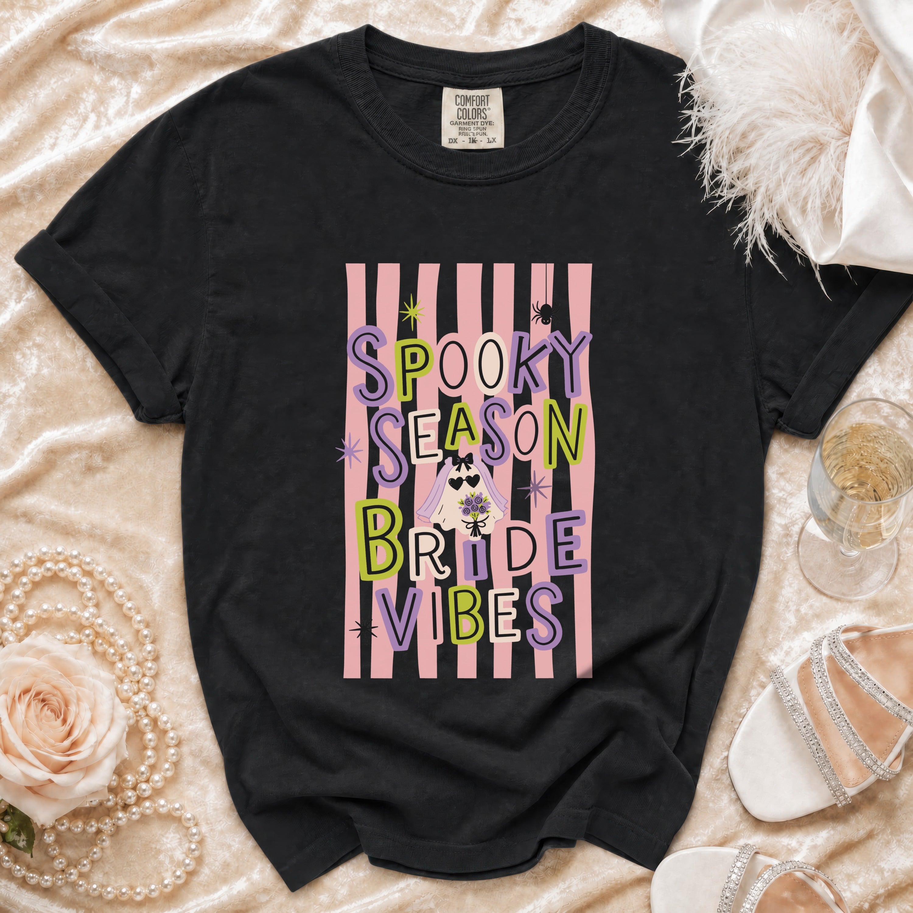 Black t-shirt with "Spooky Season Bride Vibes" text and ghost graphic.