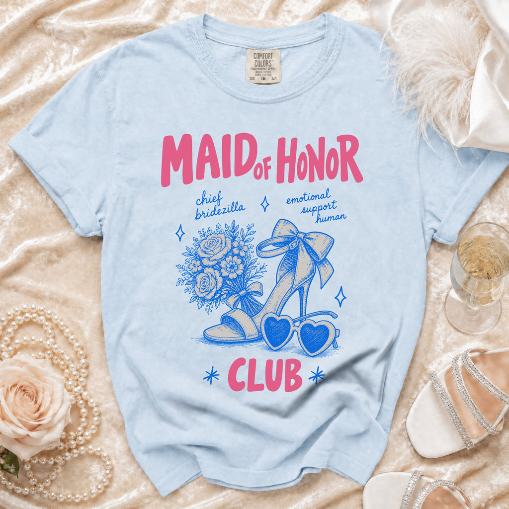 Light blue t-shirt with "MAID of HONOR CLUB" text and bridal graphics.