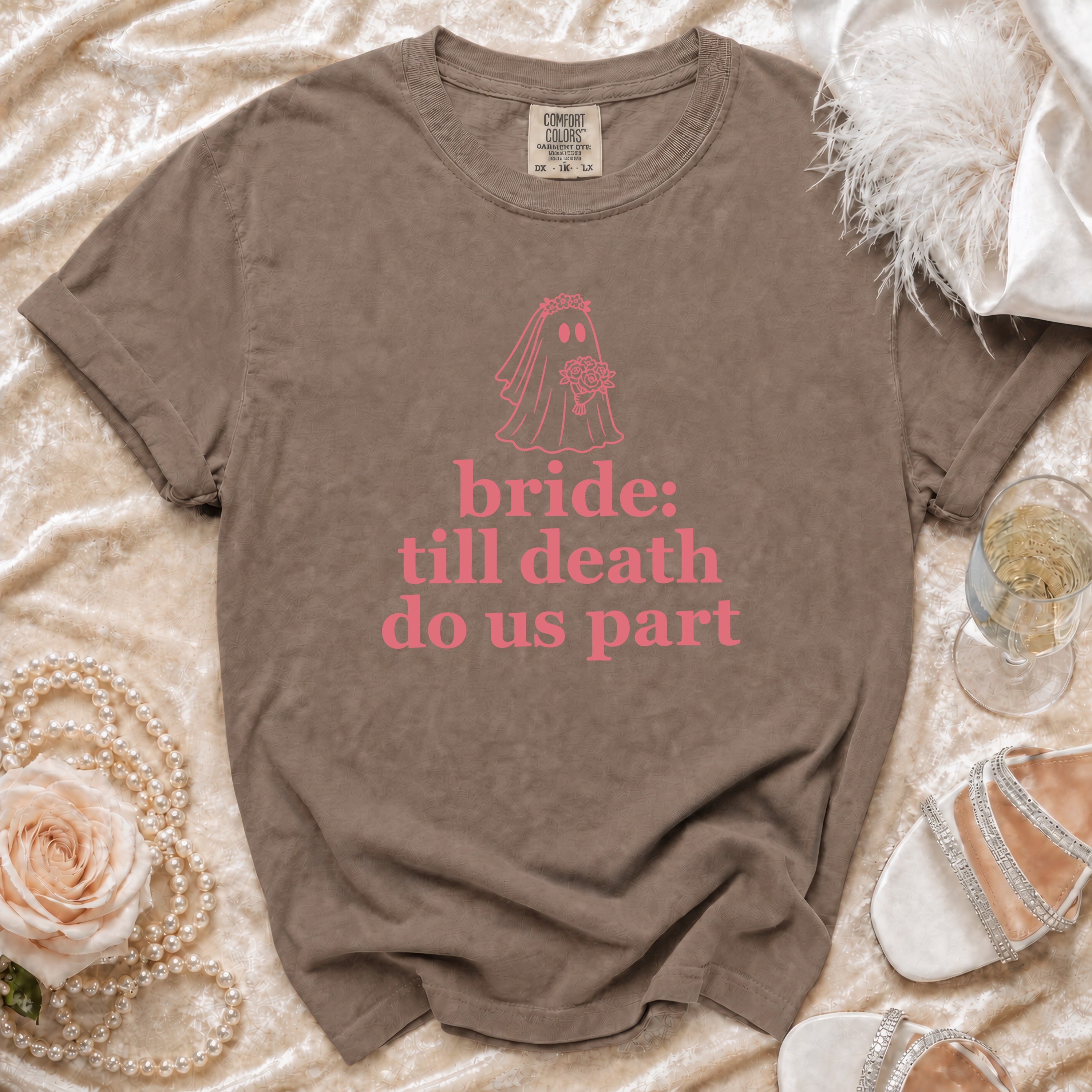 Brown t-shirt with pink ghost bride graphic and text "bride: till death do us part".
