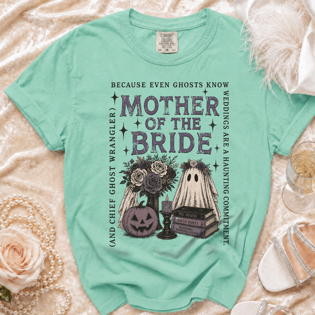 Mint t-shirt with "Mother of the Bride" Halloween graphic and decorative elements.
