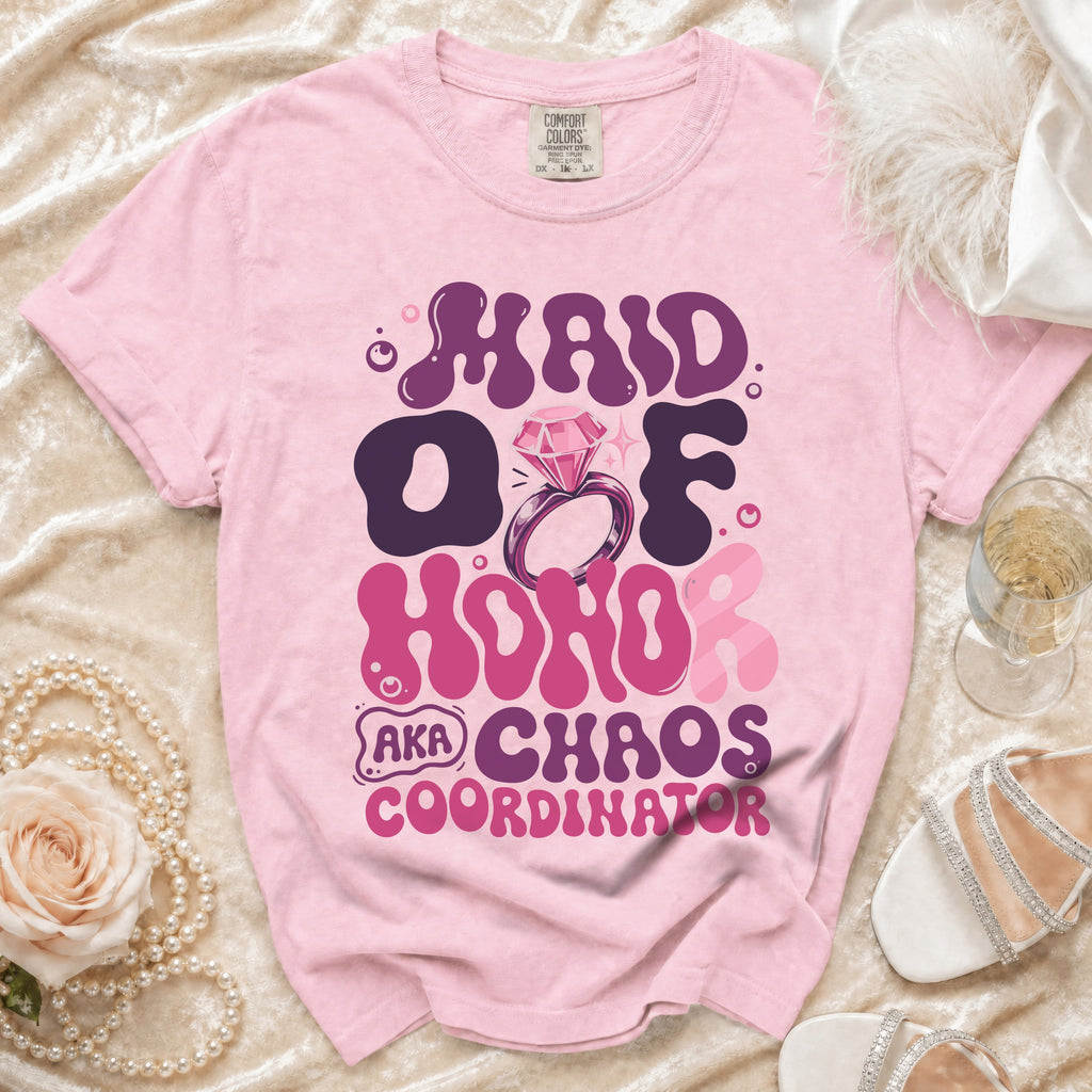 Pink t-shirt with "Maid Of Honor AKA Chaos Coordinator" text and ring graphic.