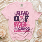 Pink t-shirt with "Maid Of Honor AKA Chaos Coordinator" text and ring graphic.