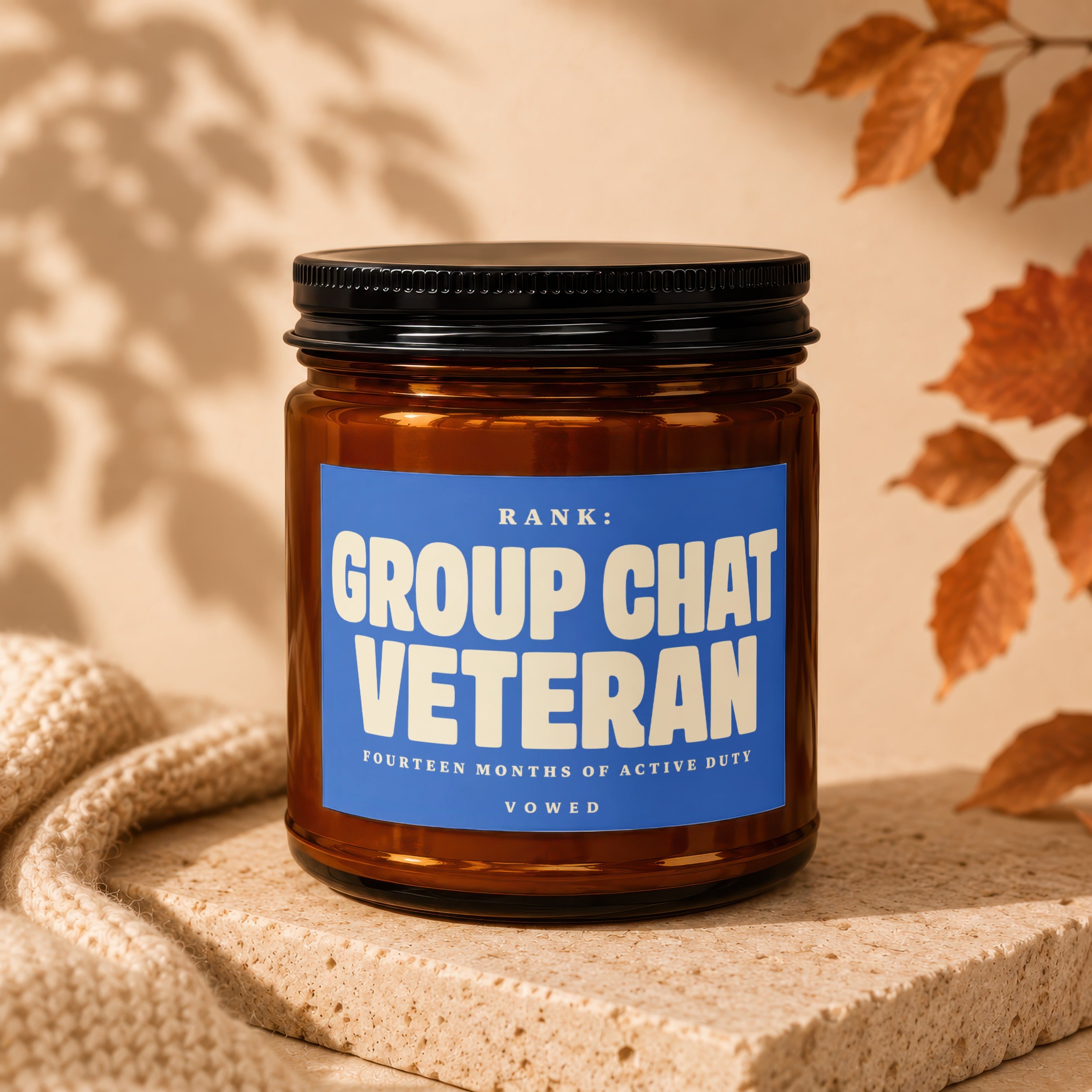 Amber jar with blue label reading "RANK: GROUP CHAT VETERAN" and "VOWED".