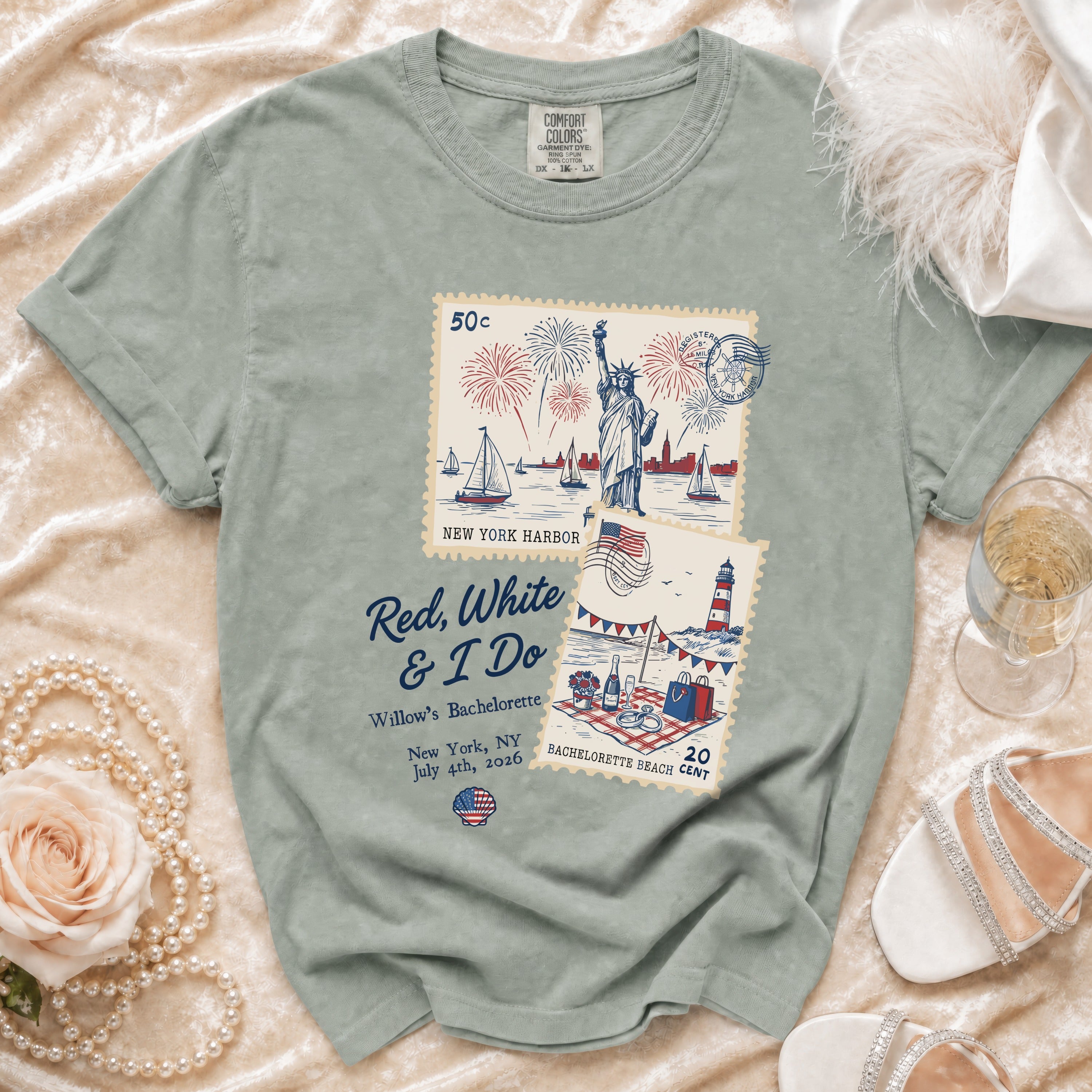 T-shirt with New York Harbor, Statue of Liberty, and July 4th bachelorette graphic.