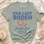 Comfort Colors t-shirt with "Her Last Rodeo" and bachelorette details.