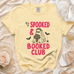 Yellow t-shirt with "Spooked & Booked Club" text, ghost bride, bats, and spider.