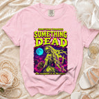 Pink t-shirt with "SOMETHING BORROWED SOMETHING DEAD" graphic and skeleton bride.