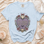 Light blue t-shirt with "Til Death Do Us Part" graphic featuring a skull, roses, and bat.