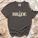 Dye gray t-shirt with "BRIDE" text and a skeleton middle finger graphic.