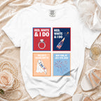 White t-shirt with "Red, White & I Do" design and bachelorette party details.