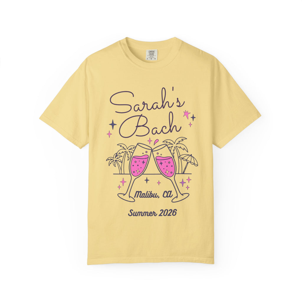 Yellow t-shirt with "Sarah's Bach Malibu, CA Summer 2026" and champagne glasses.