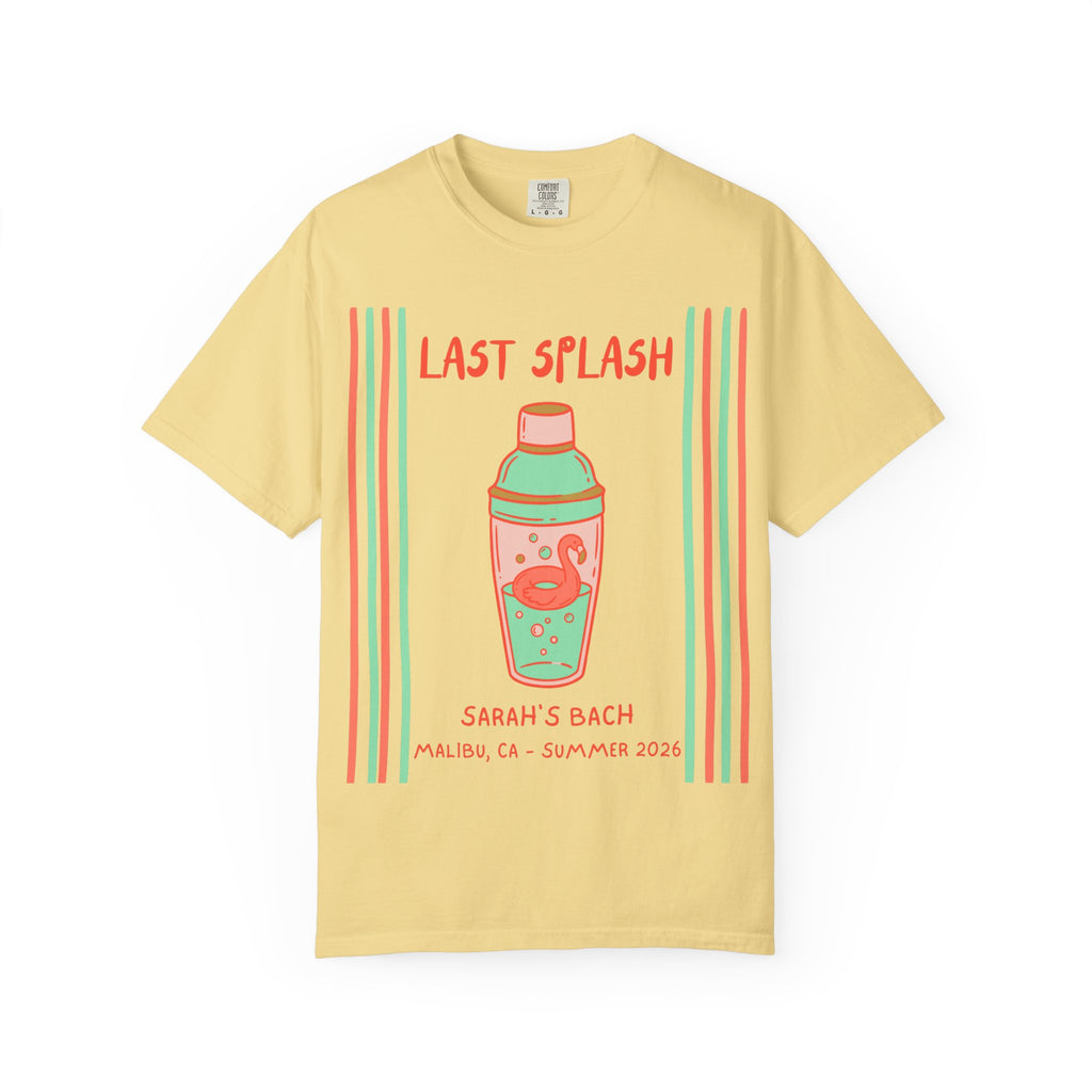 Yellow t-shirt with "Last Splash" cocktail shaker and "Sarah's Bach" text.