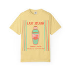 Yellow t-shirt with "Last Splash" cocktail shaker and "Sarah's Bach" text.