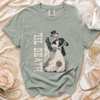 T-shirt graphic of skeletons in wedding attire with text "Til Death Do Us Part".