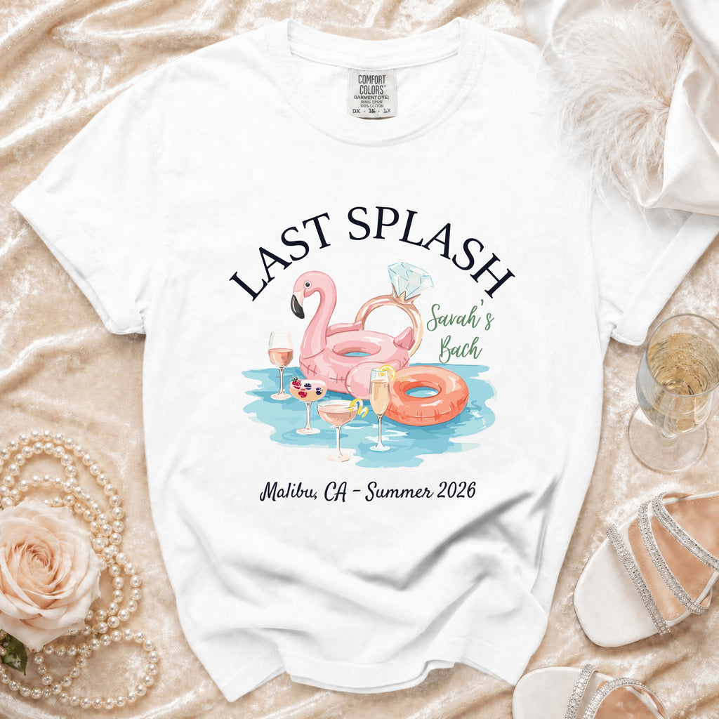 White t-shirt with "Last Splash," "Savah's Bach," and "Malibu, CA - Summer 2026."