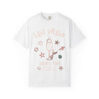 White t-shirt with "Last Splash Sarah's Bach Malibu, CA Summer 2026" and seashells.