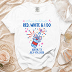 White t-shirt with "Willow's Bachelorette Red, White & I Do" and party graphics.