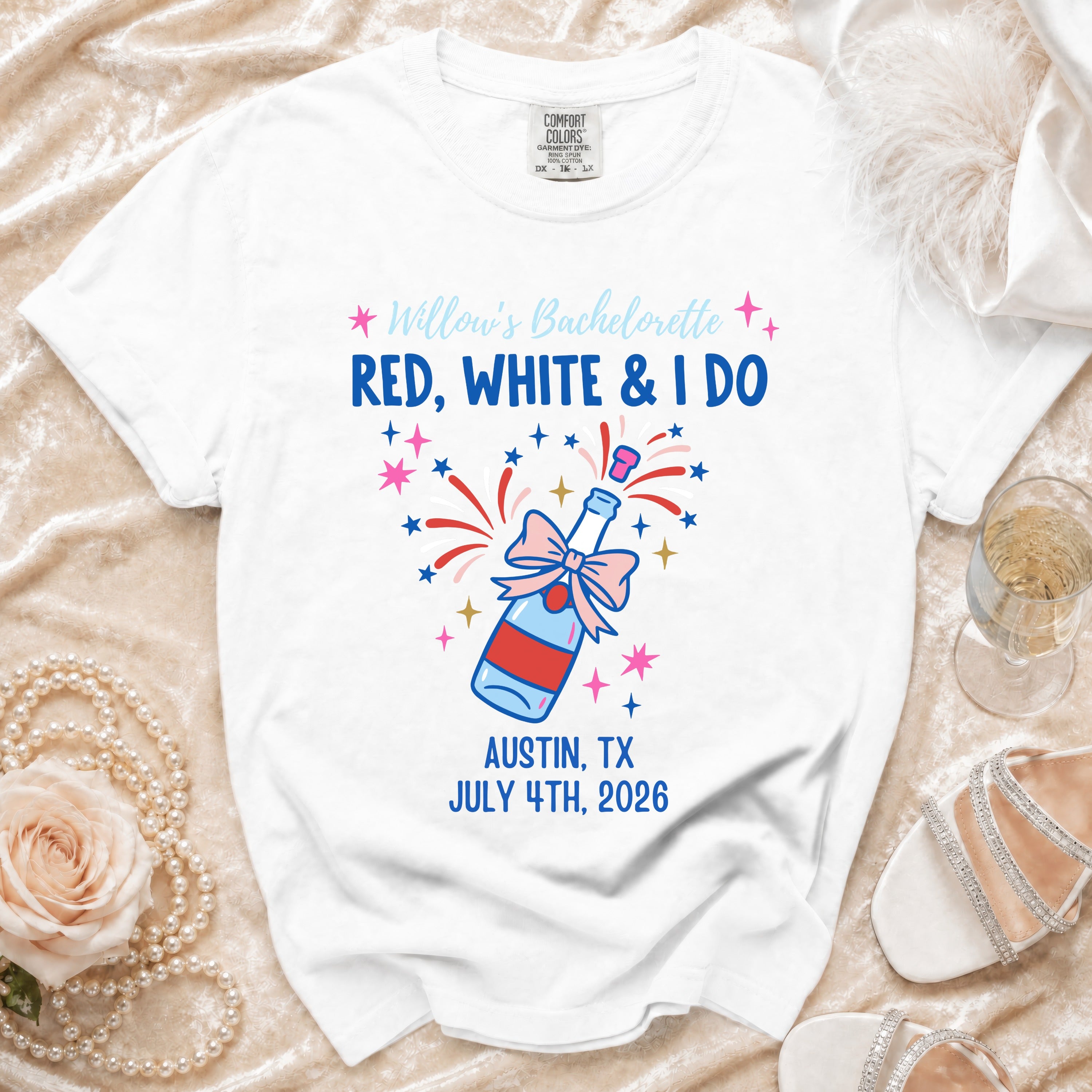 White t-shirt with "Willow's Bachelorette Red, White & I Do" and party graphics.