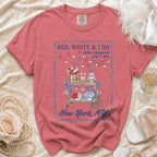 Red, white, and blue themed bachelorette graphic with "Red, White & I Do" and "New York, NY".