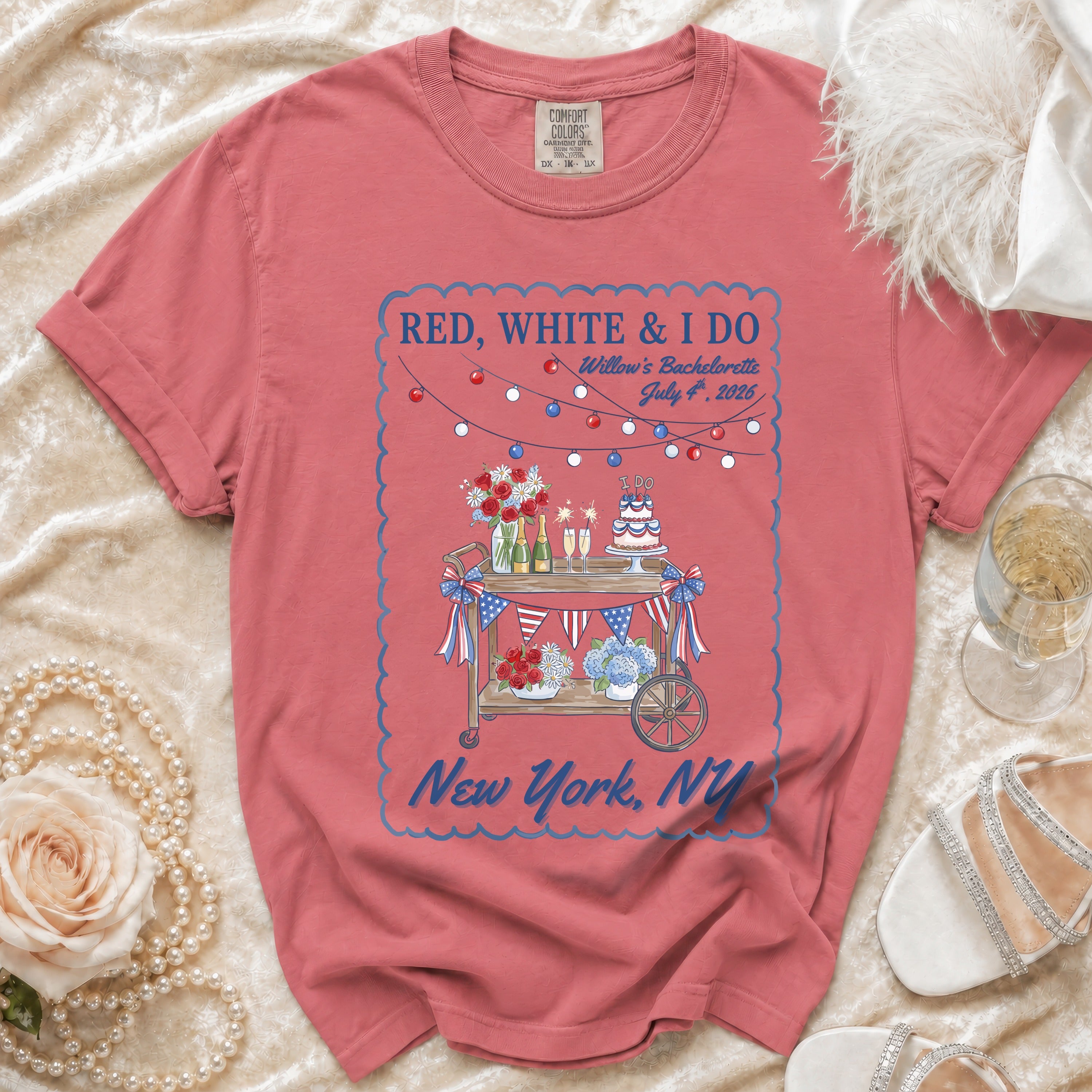 Red, white, and blue themed bachelorette graphic with "Red, White & I Do" and "New York, NY".