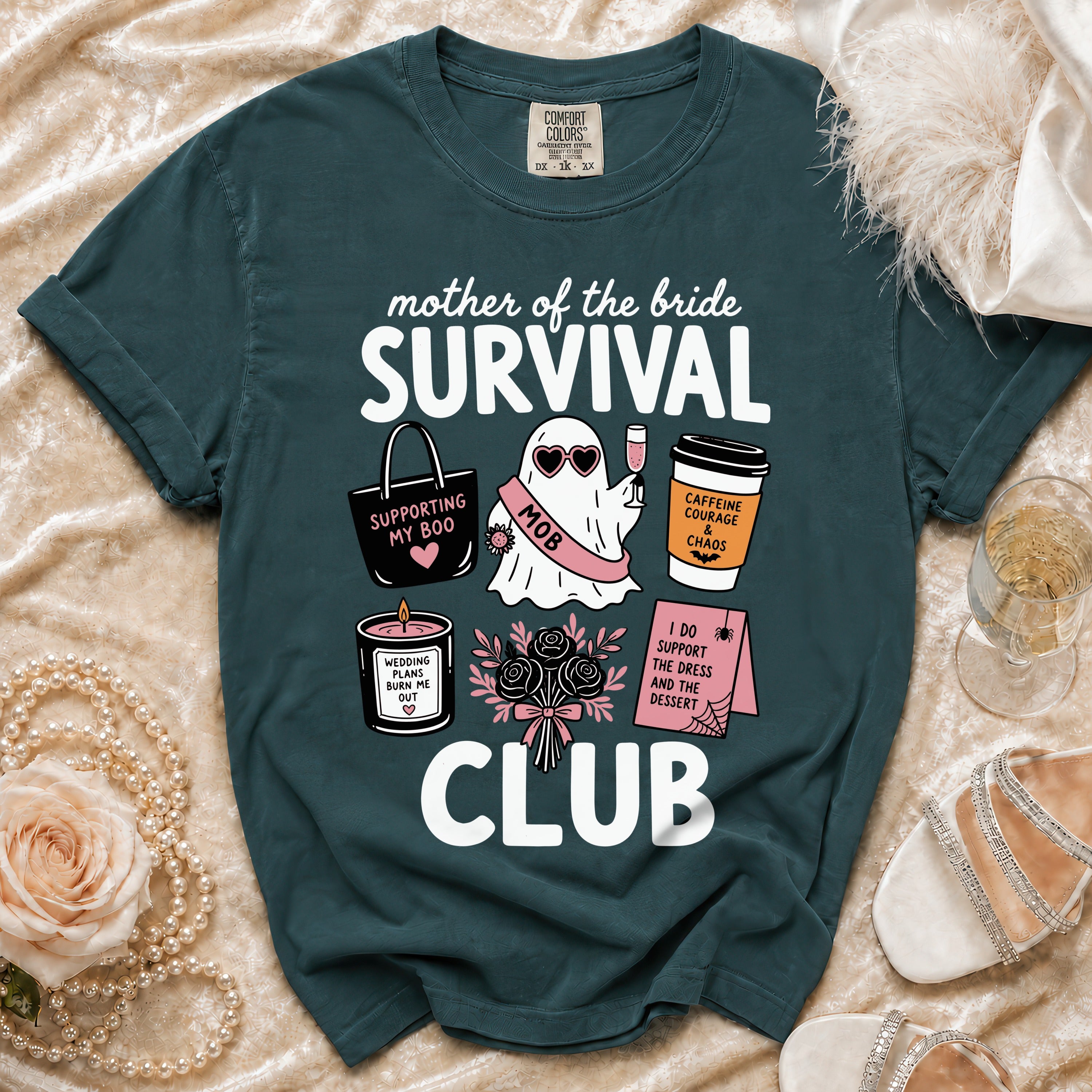 Mother of the Bride Survival Club t-shirt with fun wedding-themed graphics.