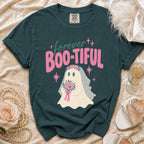 Teal t-shirt with "forever BOO-TIFUL" text and a ghost bride with a bouquet.