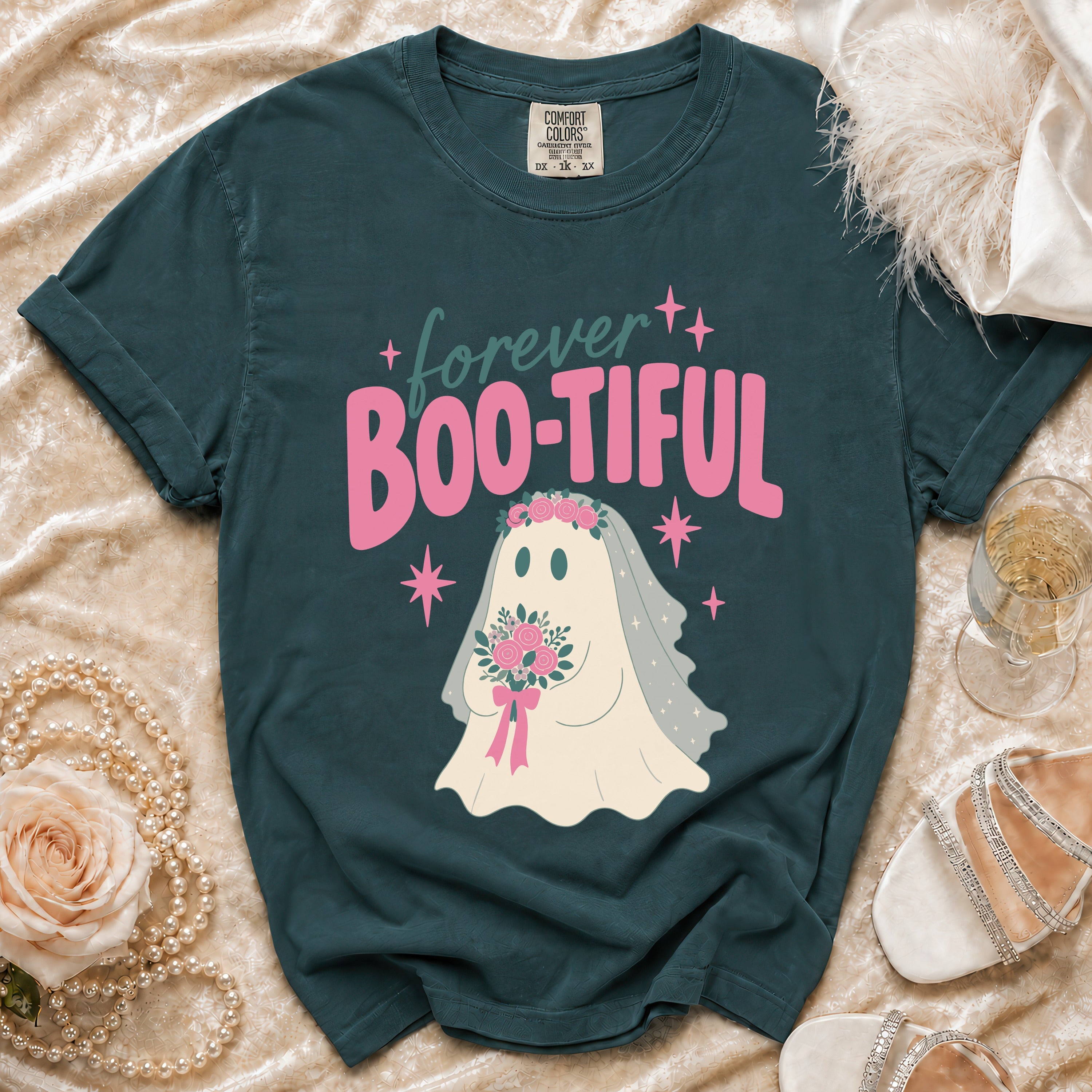 Teal t-shirt with "forever BOO-TIFUL" text and a ghost bride with a bouquet.