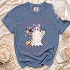 Blue t-shirt with "Mother of the Bride" and a ghost with coffee and flowers.