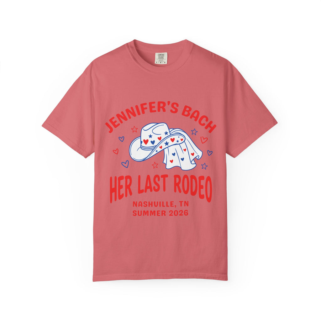Pink t-shirt with "Jennifer's Bach Her Last Rodeo Nashville, TN Summer 2026" design.