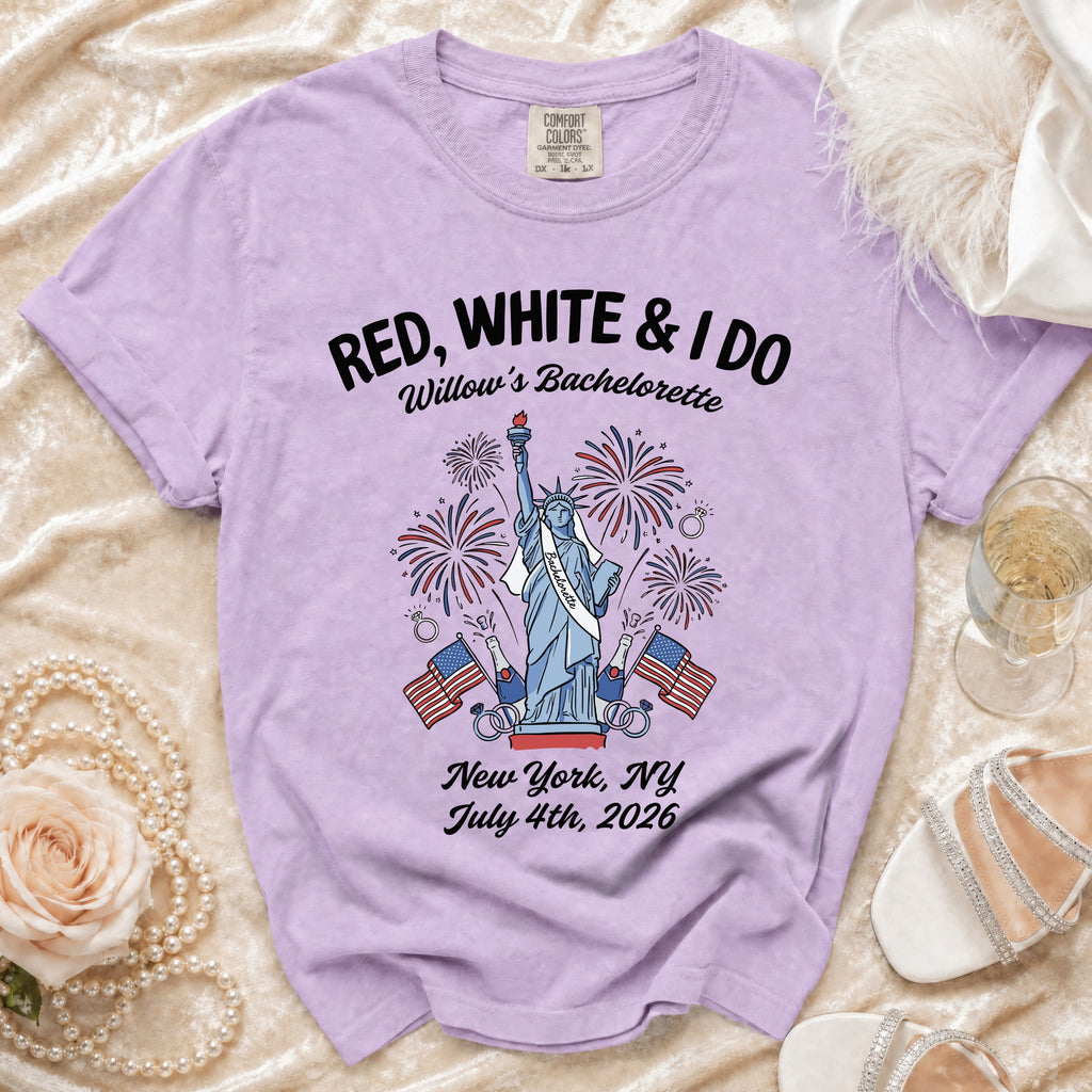 Red, White & I Do Willow's Bachelorette t-shirt, New York, July 4th, 2026.