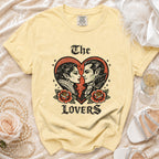 Yellow t-shirt with "The Lovers" text and vampire couple illustration.
